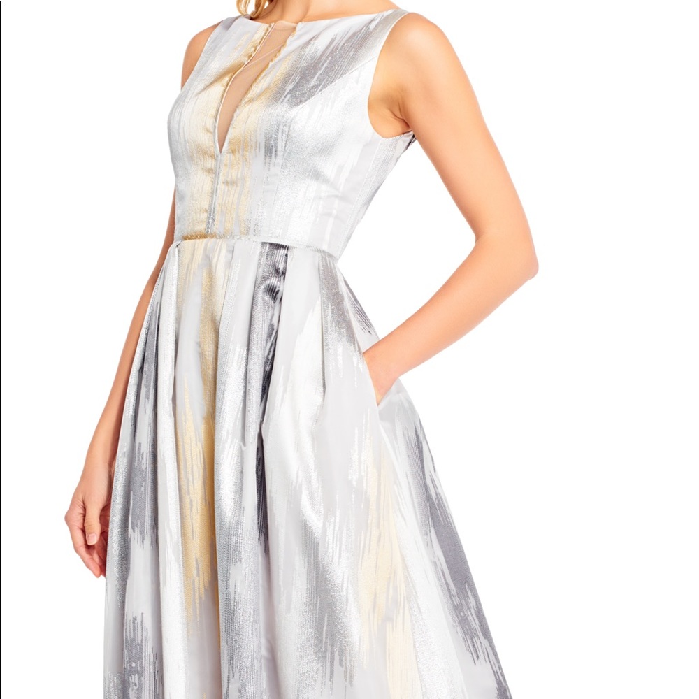 Aidan Mattox Metallic Silver and Gold Brushstroke Maxi Dress